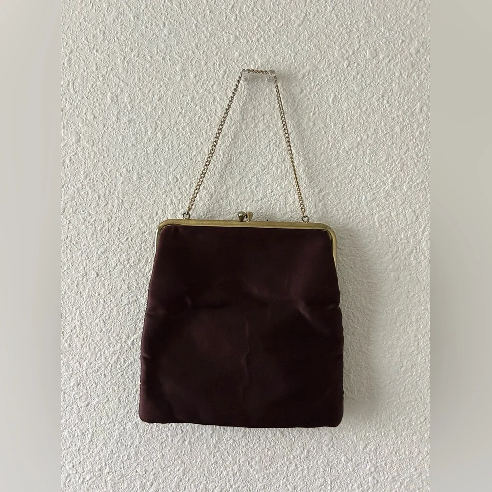Vintage Unger Burgundy Satin Kiss Lock Clutch w/ Chain Strap - Picture 4 of 9